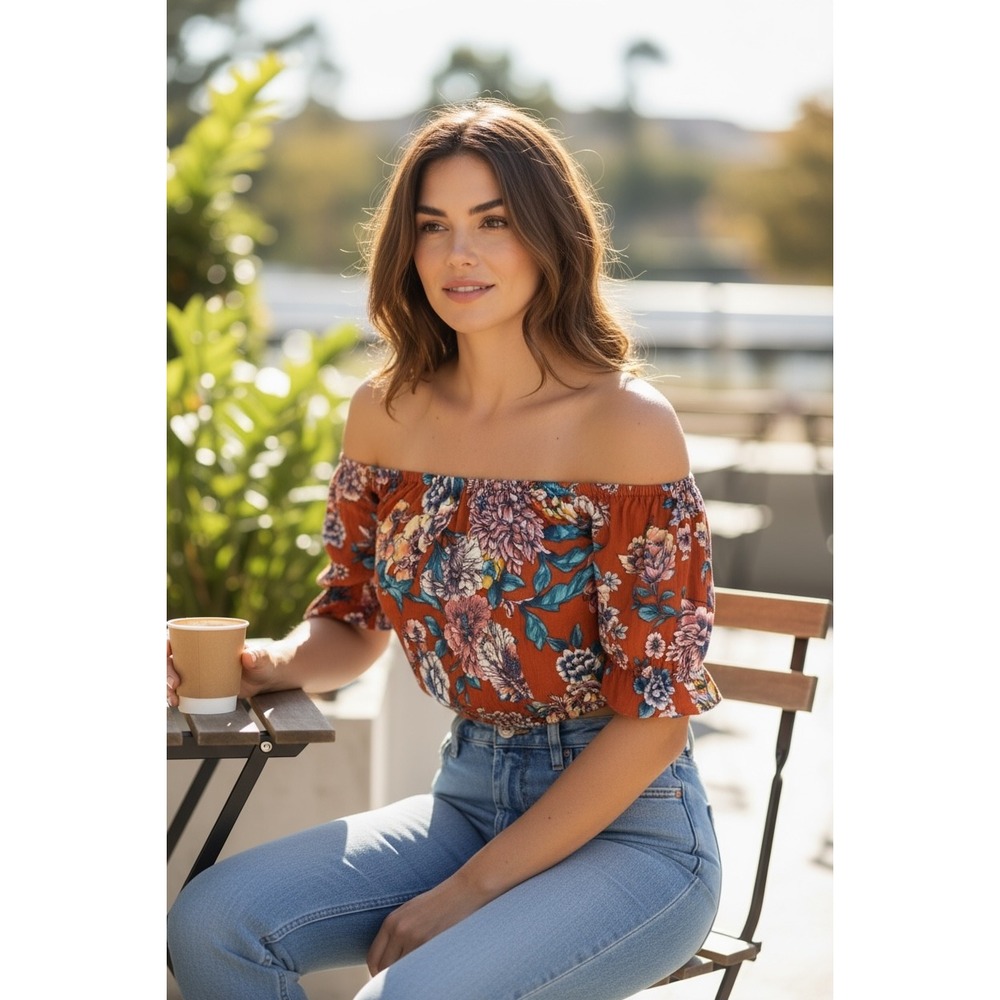 Band of Gypsies Off-the-Shoulder Floral Crop Top with Smocking Small, Color Rust